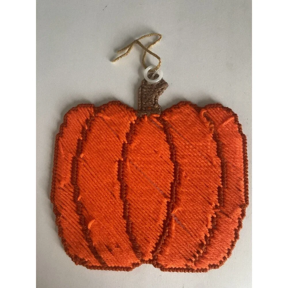 VTG  Halloween Pumpkins Witch  & Cat Wall Hanging Needlepoint Plastic Canvas